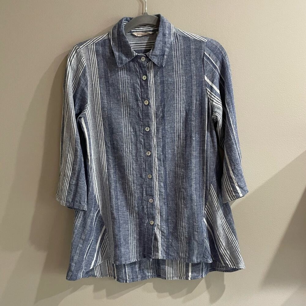 Soft Surroundings Linen Blend Striped Button Down Top